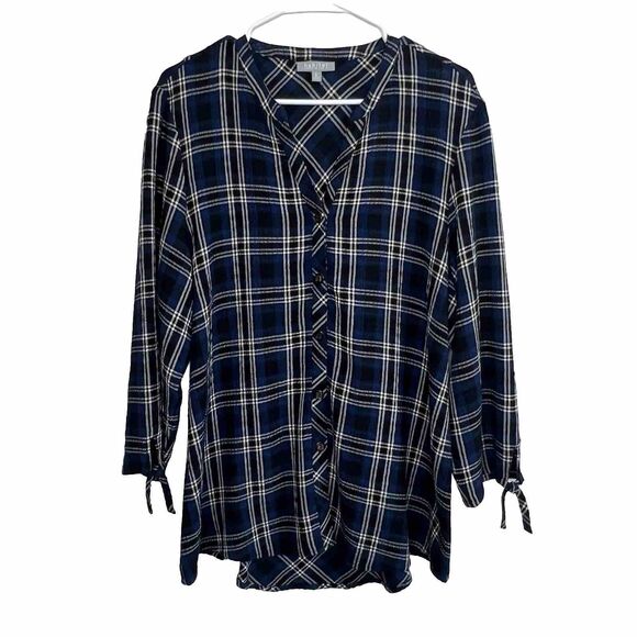 Habitat Blue Plaid A Line Long Button Front 3/4 Sleeve Top Lagenlook Large A24 - Picture 1 of 7